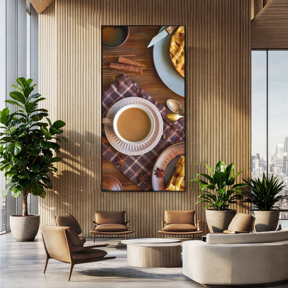 Tablou canvas cu natura moarta cu cafea si placinta, in rama de aluminiu negru, pe perete intr-un birou